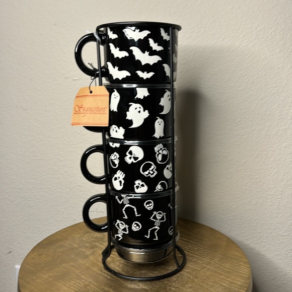 Mug stack and wire holder, Halloween black/orange/white, set of four NWT - Picture 2 of 8